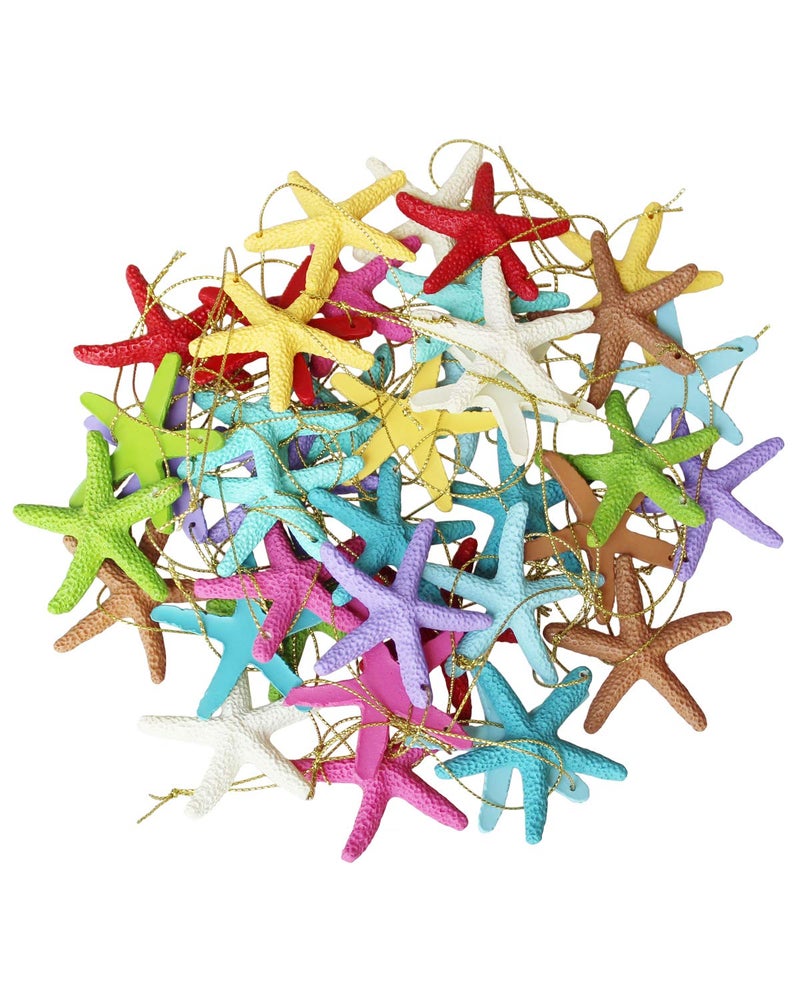LJY 40 Pieces 2.3 Inches Resin Pencil Finger Starfish with Rope for Christmas Tree Hanging Ornaments Beach Theme Wedding Home Decor & DIY Craft Project, 10 Colors - Image 1